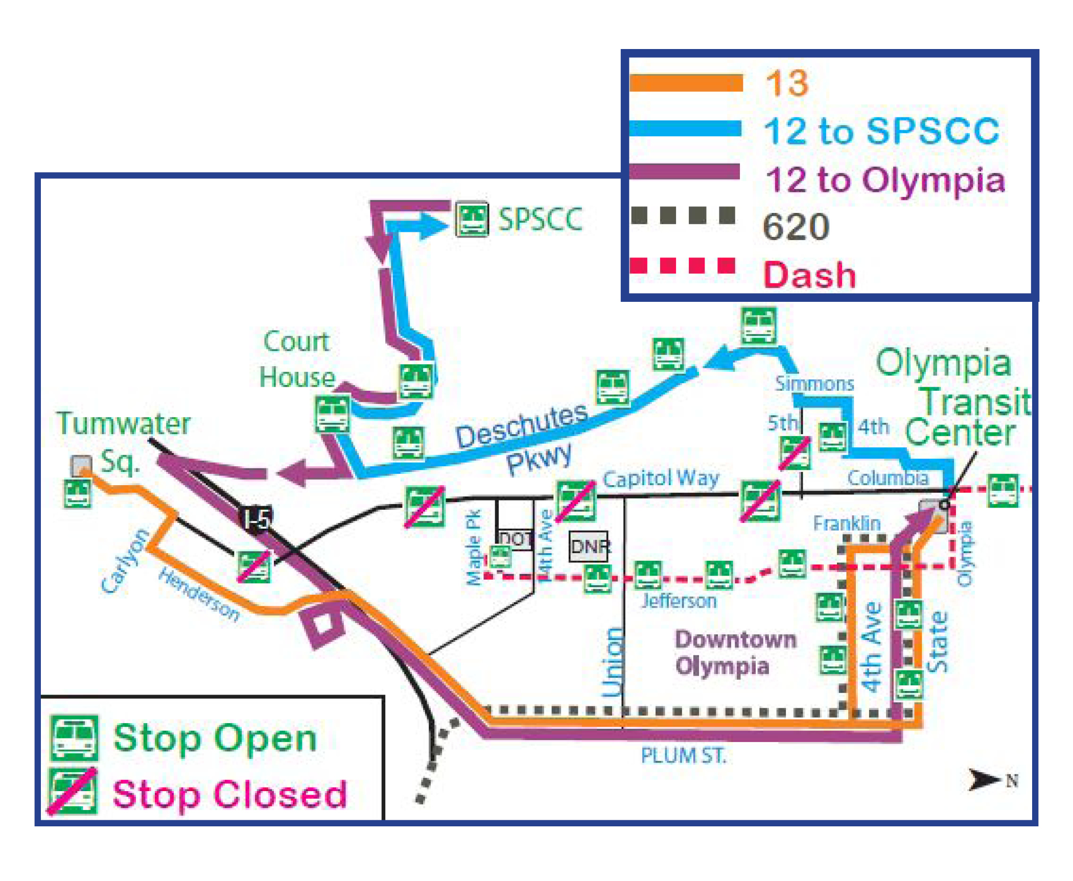 Routes 12, 13, 620, and Dash on detour due to the closure of Capitol